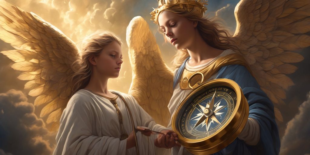 angelic figure holding a compass surrounded by celestial symbols