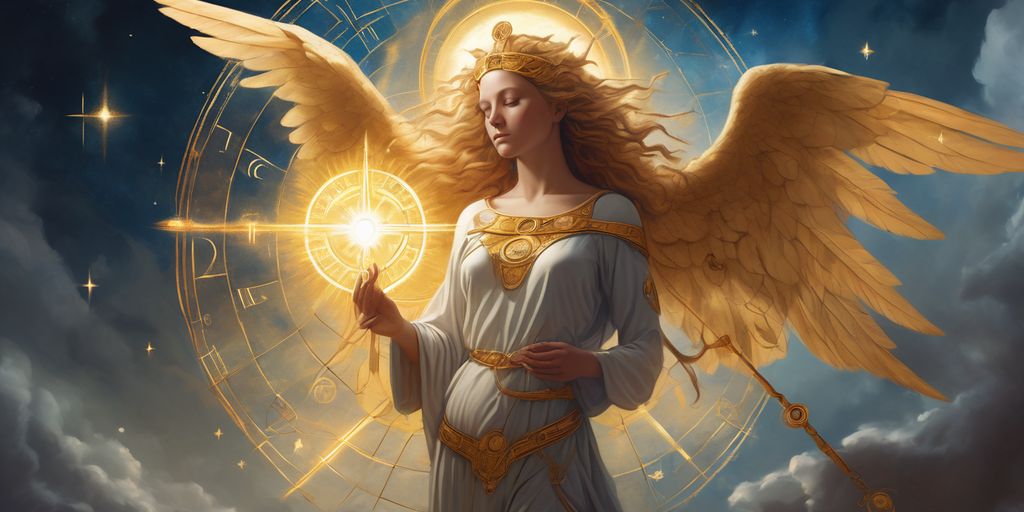 angelic figure with mystical symbols and celestial background, future predictions and spiritual elements