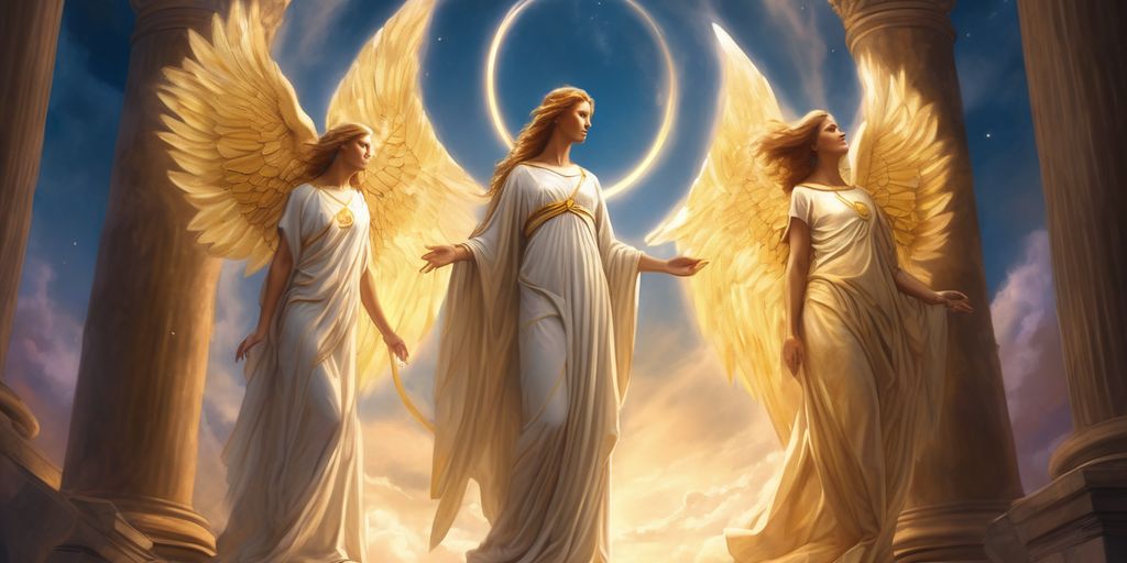 angelic figures in celestial setting or spiritual symbols with light beams