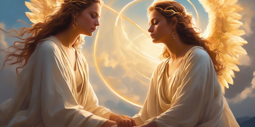 angelic figures with glowing numbers in a serene heavenly setting