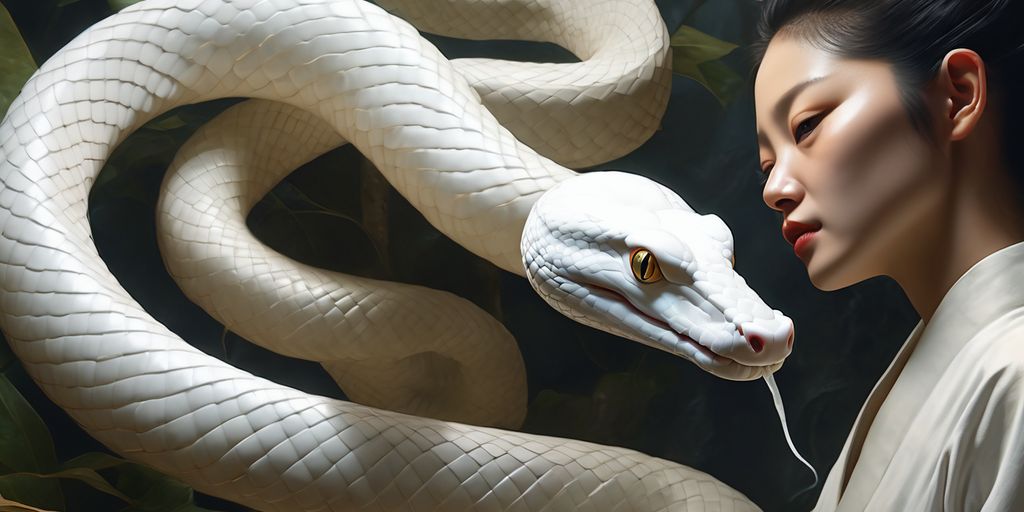 white snake biting in a dreamlike setting