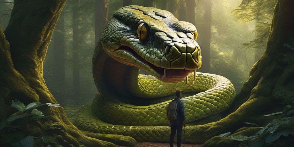 snake biting person's head in a mystical forest