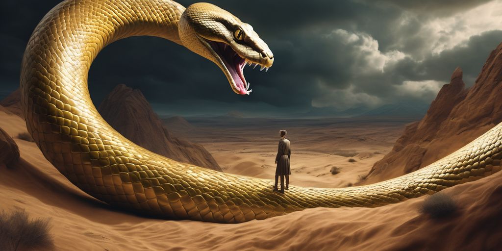 snake biting person in a surreal dreamlike landscape