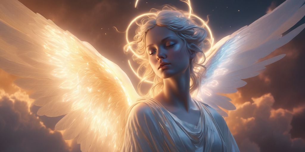 angelic figure surrounded by glowing zeroes in a celestial or ethereal setting