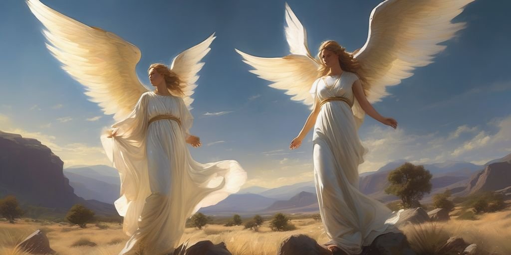 angelic figures in serene landscape