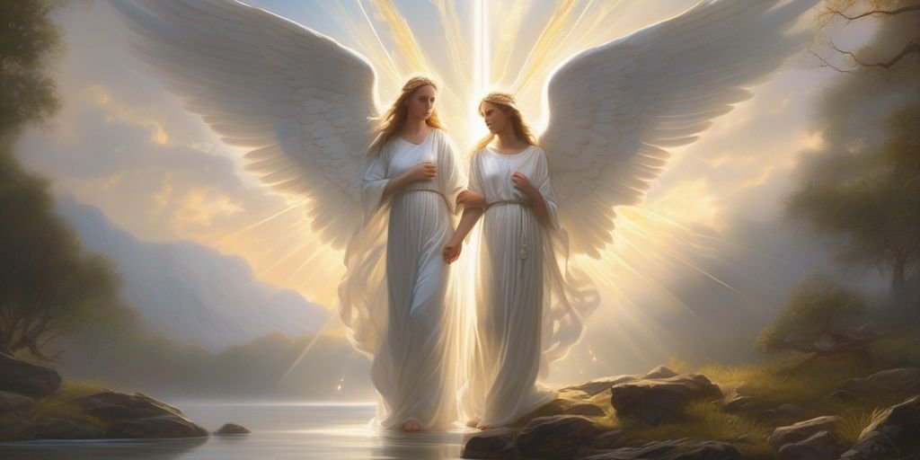 angelic figures in serene landscape, spiritual symbols, light beams