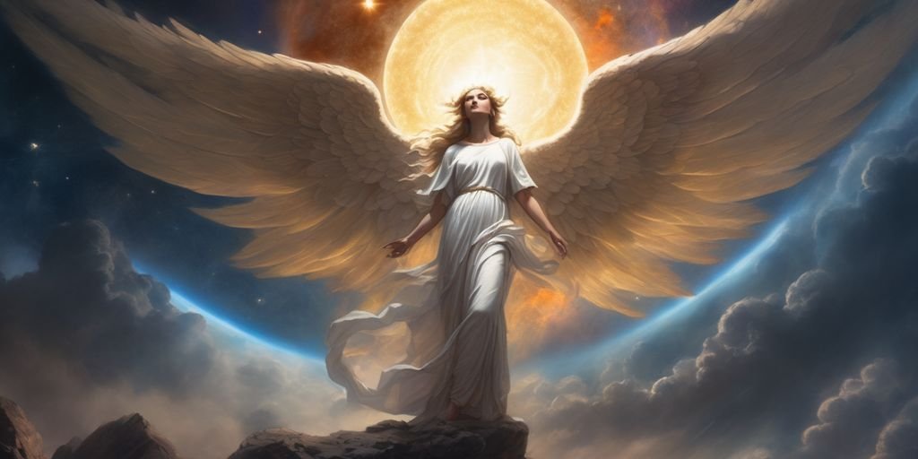 angelic figure in cosmic setting with celestial bodies