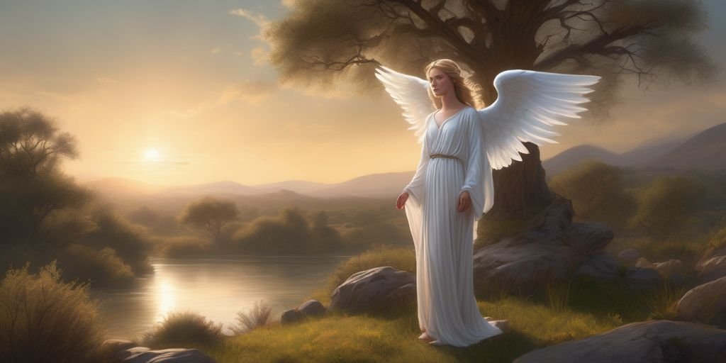 angelic figure in serene landscape