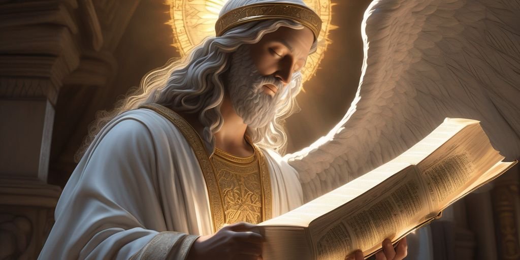 angelic figure in heavenly light with ancient biblical scriptures