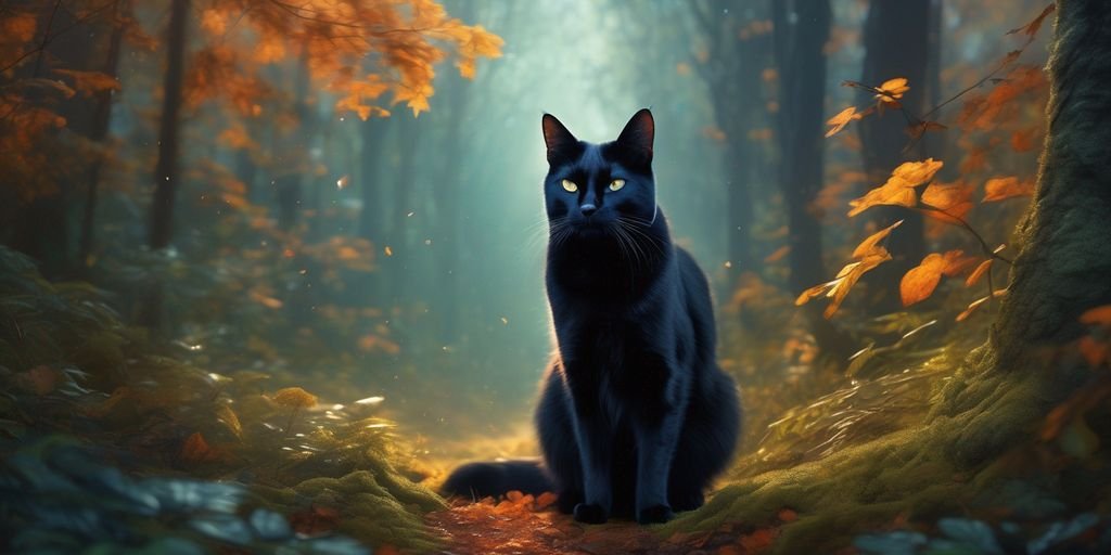 black cat in a mystical forest with ethereal light