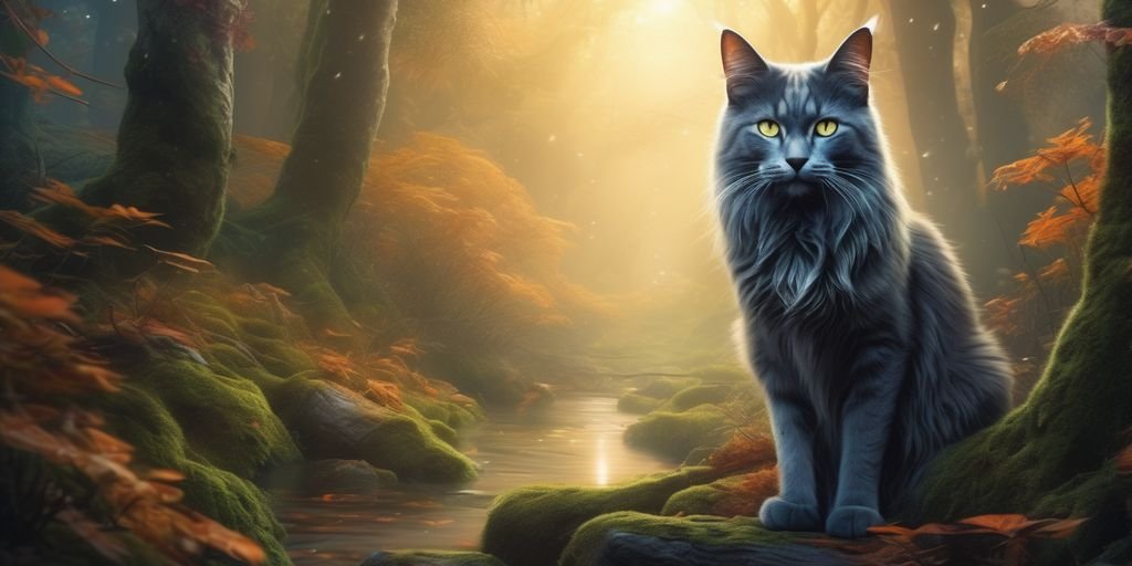 mystical cat with glowing eyes in a dreamlike forest