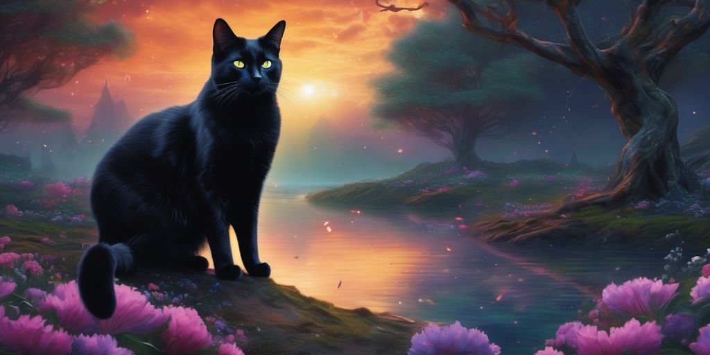 black cat in a mystical dreamscape