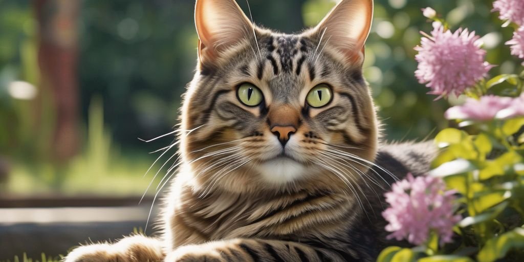 tabby cat in a serene garden