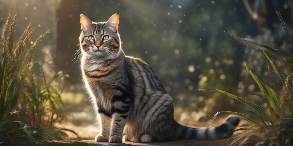 tabby cat with distinctive markings in a mystical or spiritual setting