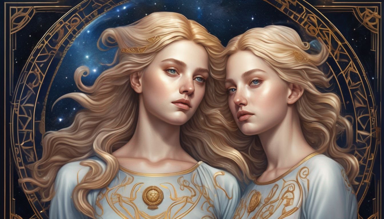 Gemini zodiac sign illustration, twins symbol, celestial background