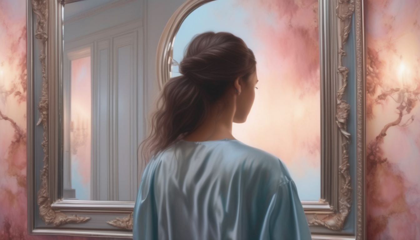 person looking at reflection in a mirror with a dreamy or ethereal background