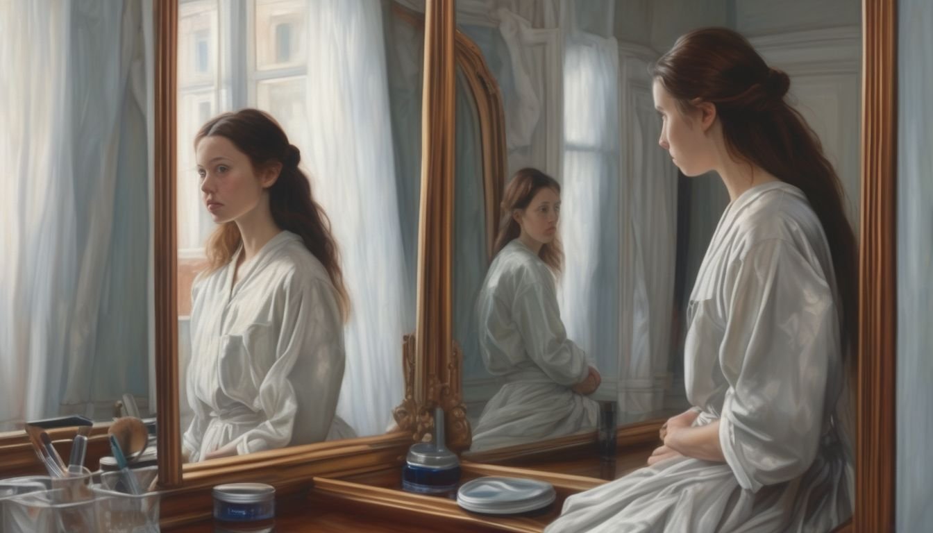 person looking at reflection in mirror dreamlike