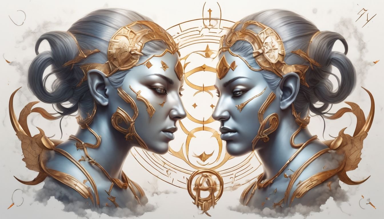 Gemini zodiac sign illustration with twin figures and air element symbols