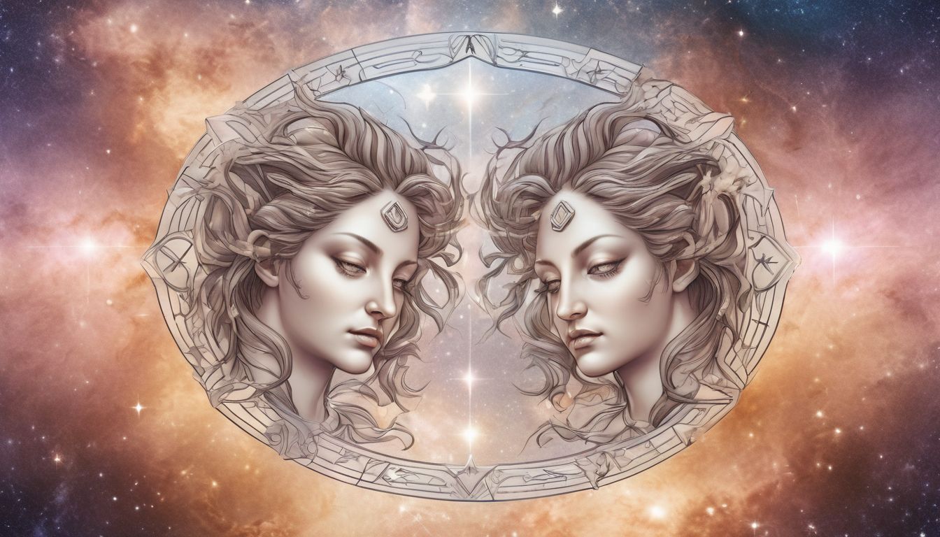Gemini zodiac sign illustration, twins symbol, celestial background