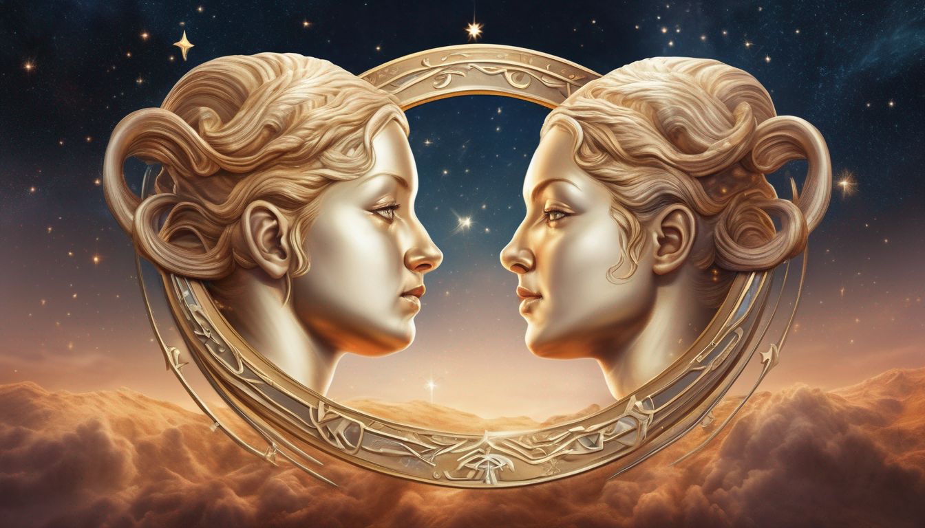 Gemini zodiac sign illustration, twins symbol, celestial background