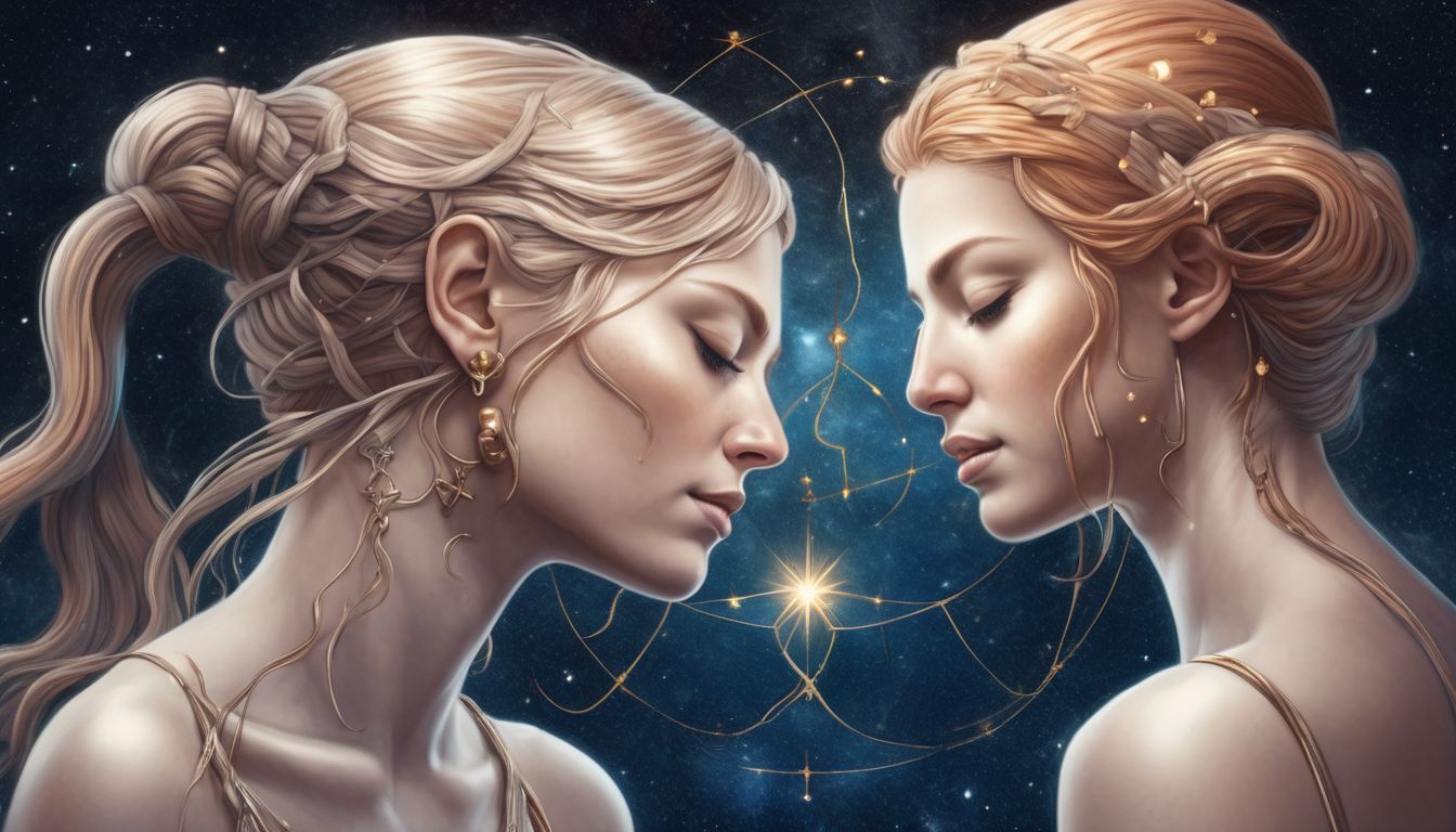 Gemini zodiac sign illustration, two people connecting, celestial background