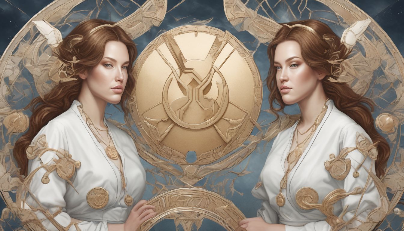 illustration of Gemini twins symbol with elements representing adaptability and communication in a daily life setting