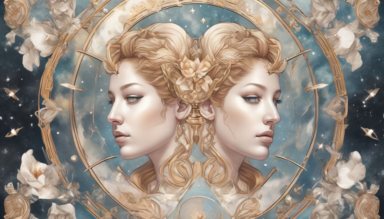 Gemini zodiac sign illustration with twin symbols and airy elements