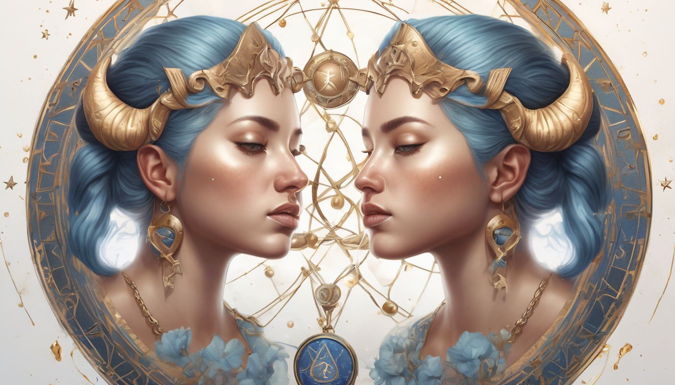Gemini zodiac sign illustration with twins symbol and celestial elements