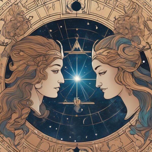 Gemini zodiac sign illustration, celestial and astrological symbols, twins constellation