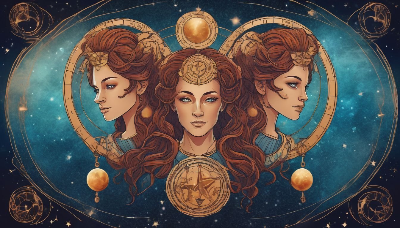 Gemini zodiac sign illustration with twins symbol, celebrating qualities, astrological and celestial themes