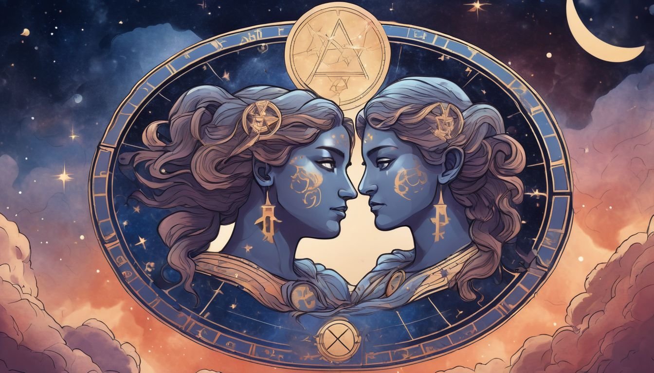 Gemini zodiac sign illustration with twin symbols and celestial background