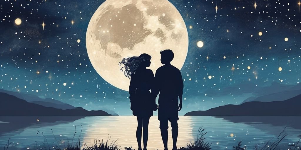 Aquarius zodiac sign illustration, two people under starry sky