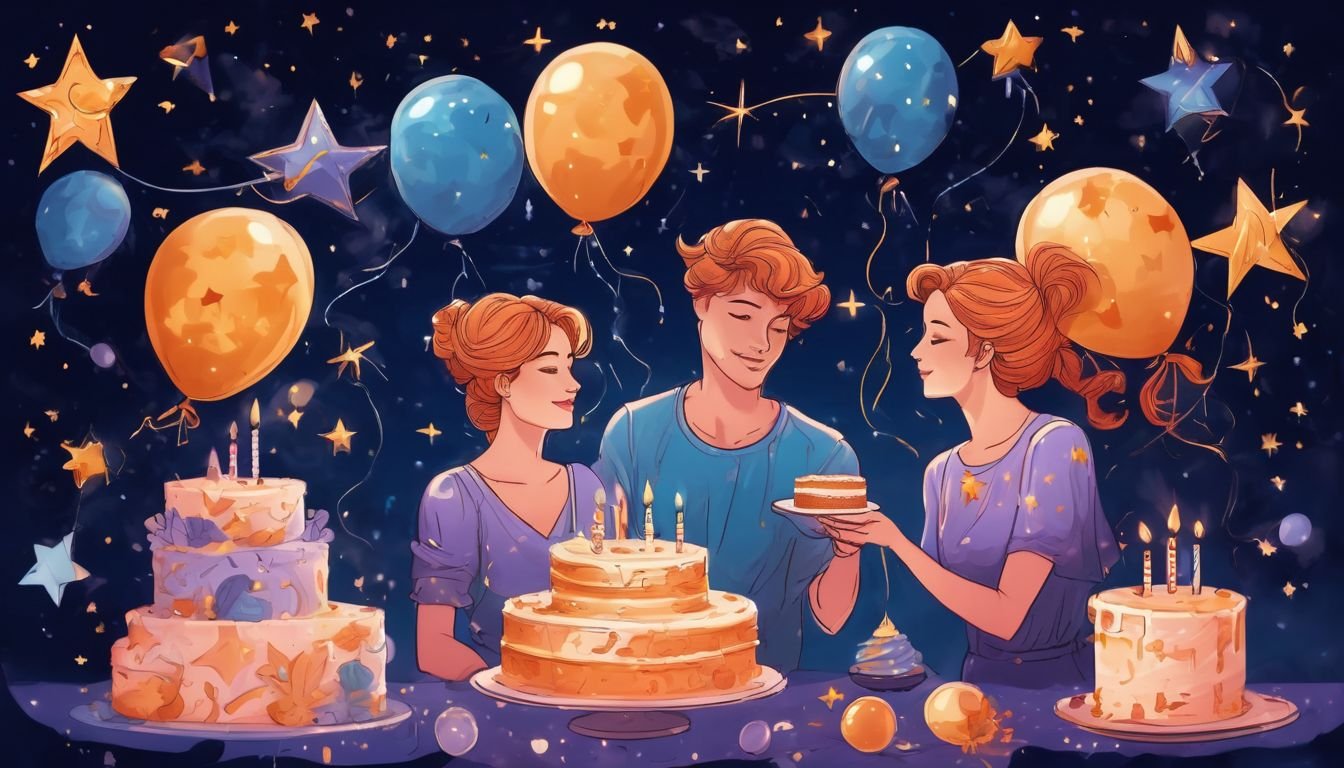 Gemini zodiac sign illustration with celestial and astrological symbols, birthday celebration with cake and balloons, stars and constellations