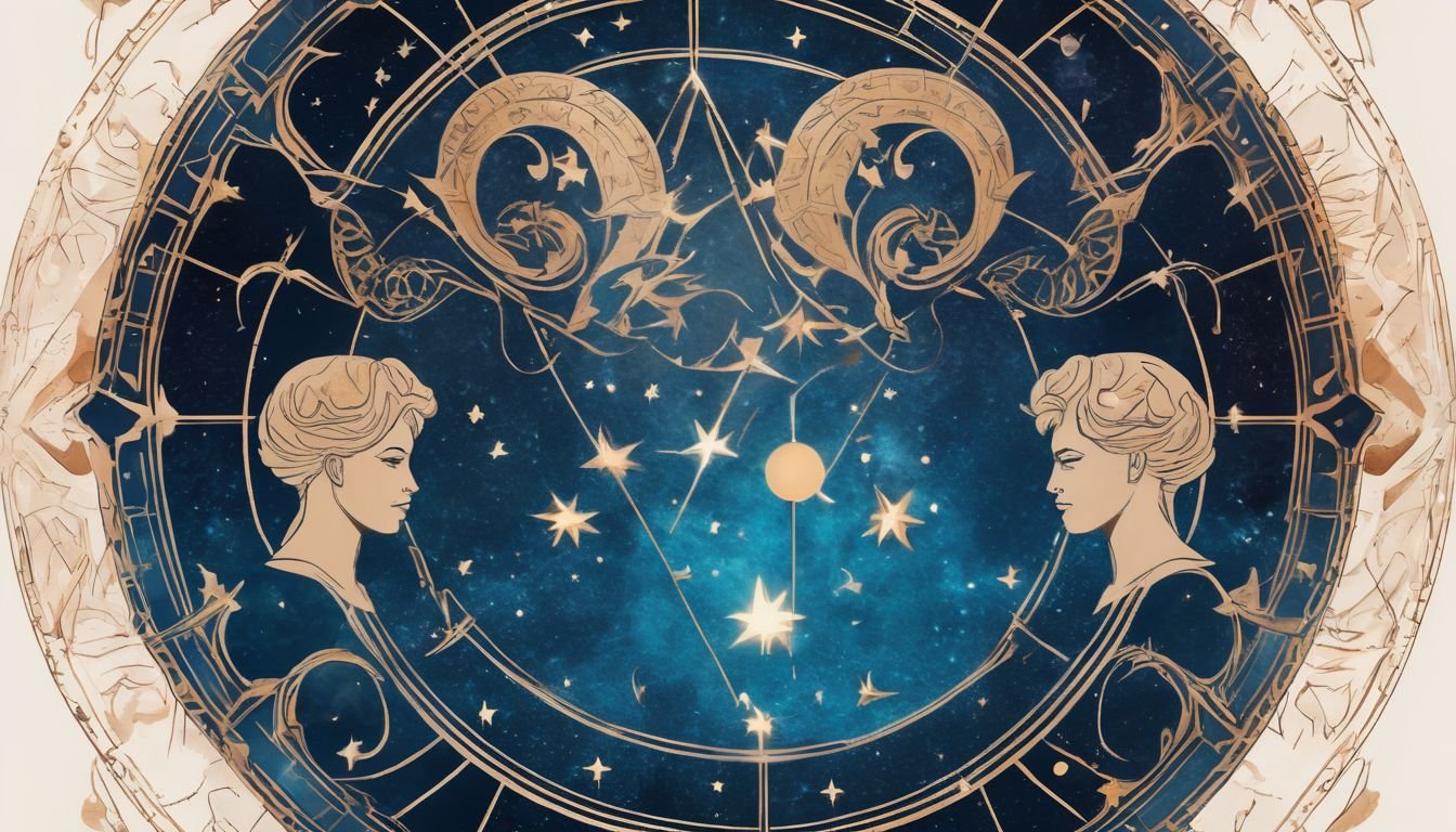 Gemini zodiac sign illustration with celestial and astrological symbols, two faces representing duality, stars and constellations background