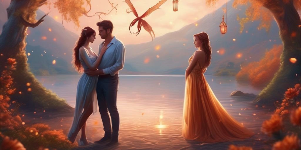 Scorpio zodiac sign illustration, couple in romantic setting, mystical and intimate atmosphere