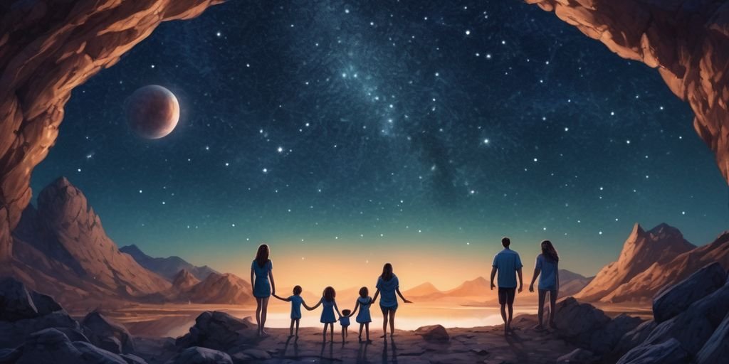 Scorpio zodiac sign illustration with family, showing parents and children under a starry sky