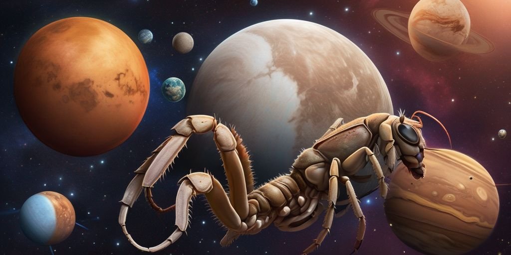 Scorpio zodiac sign illustration with Pluto and Mars planets