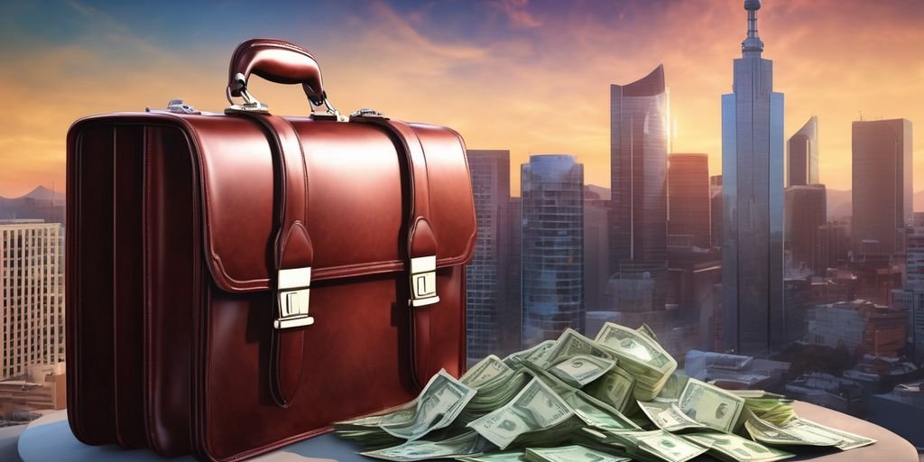 Scorpio zodiac sign illustration with career symbols like briefcase, money, and office skyline