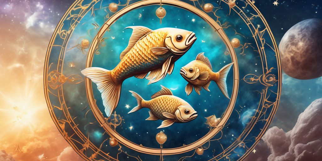 Pisces zodiac sign illustration with spiritual symbols and celestial background