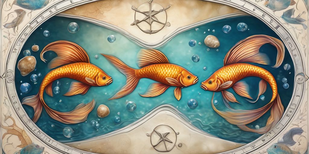 Pisces zodiac sign illustration with horoscope symbols and compatibility charts