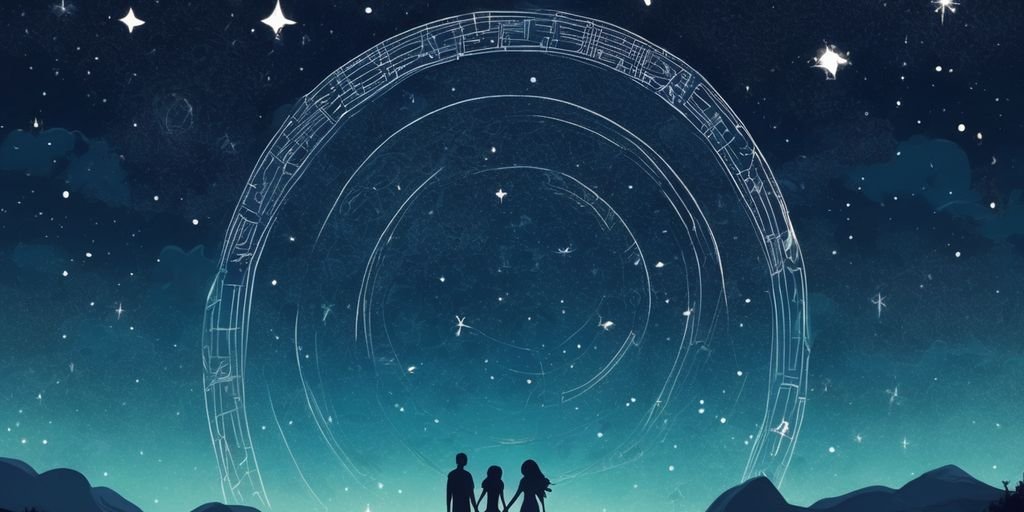 Aquarius zodiac sign illustration, two people holding hands under starry sky