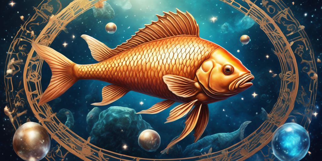 Pisces zodiac sign illustration with horoscope symbols and celestial background