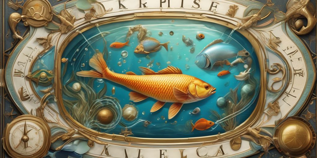 Pisces zodiac sign illustration with symbols of creativity and wealth, such as artistic tools and money