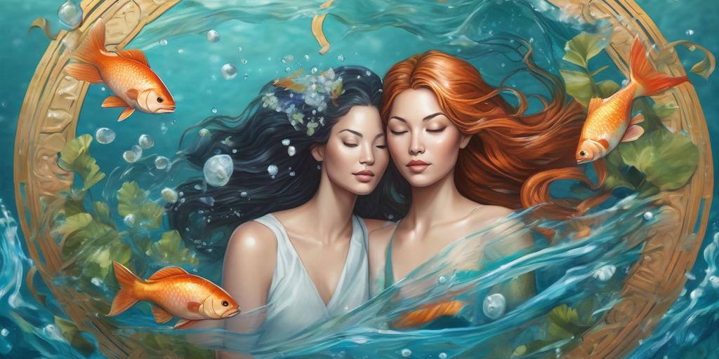 Pisces zodiac sign illustration with health and wellness themes, featuring symbols like fish, water elements, and serene spa or meditation settings