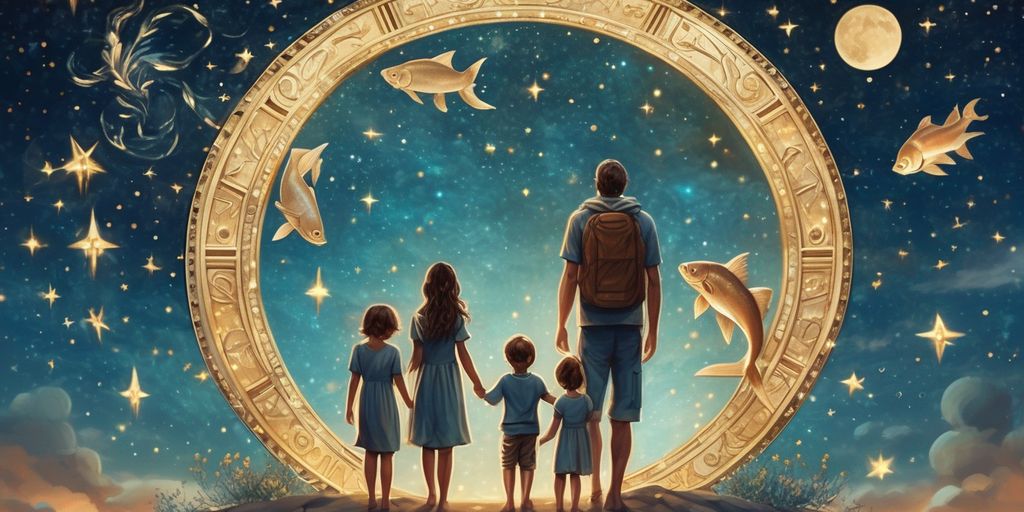 Pisces zodiac sign illustration with parents and children under starry sky