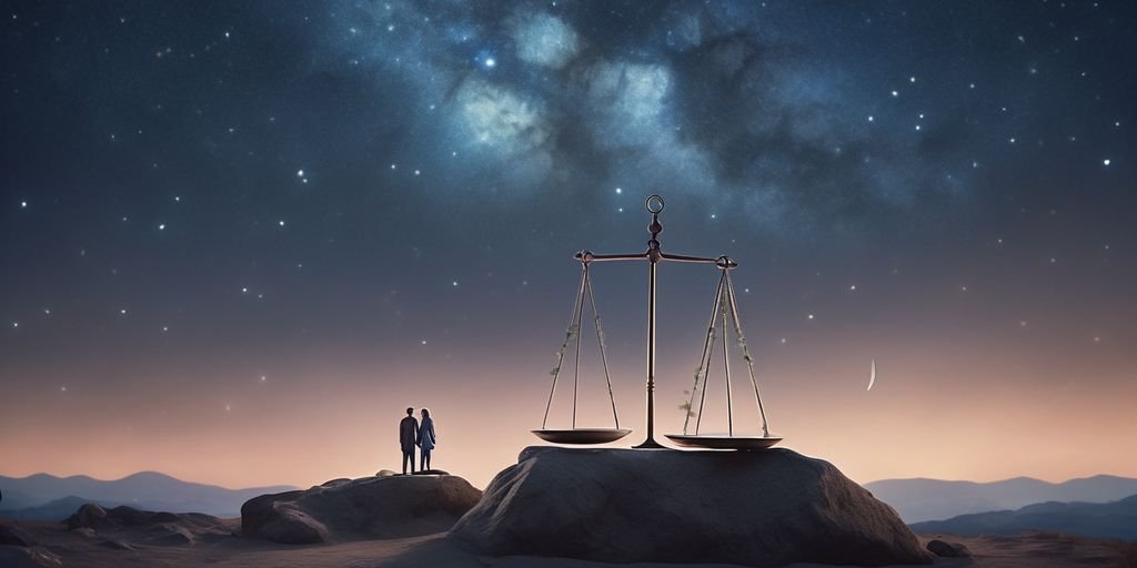 romantic couple balancing scales under starry sky