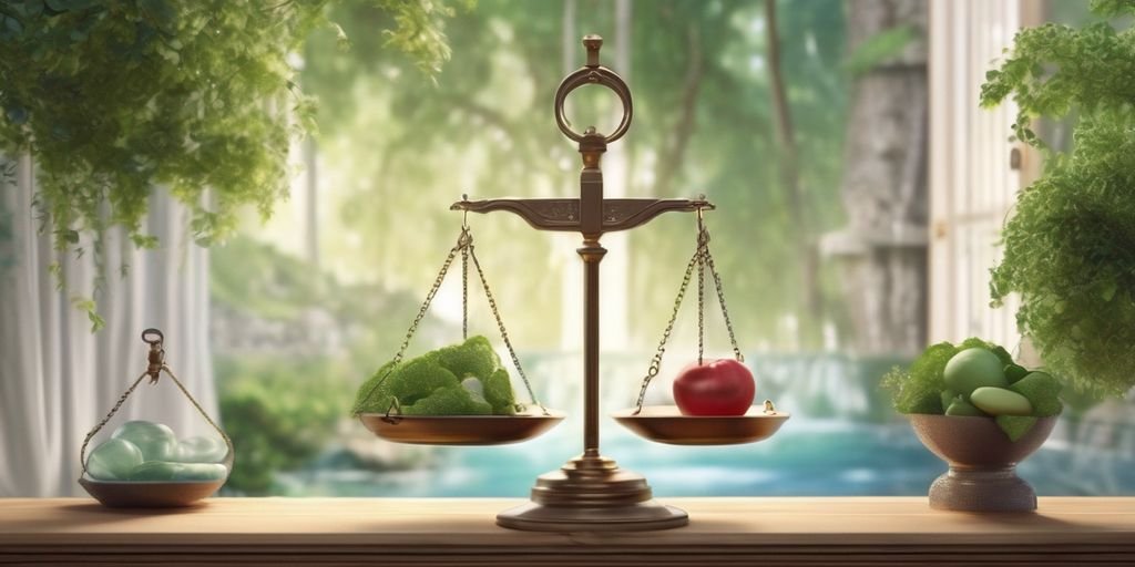 balance scale with health symbols in a serene setting