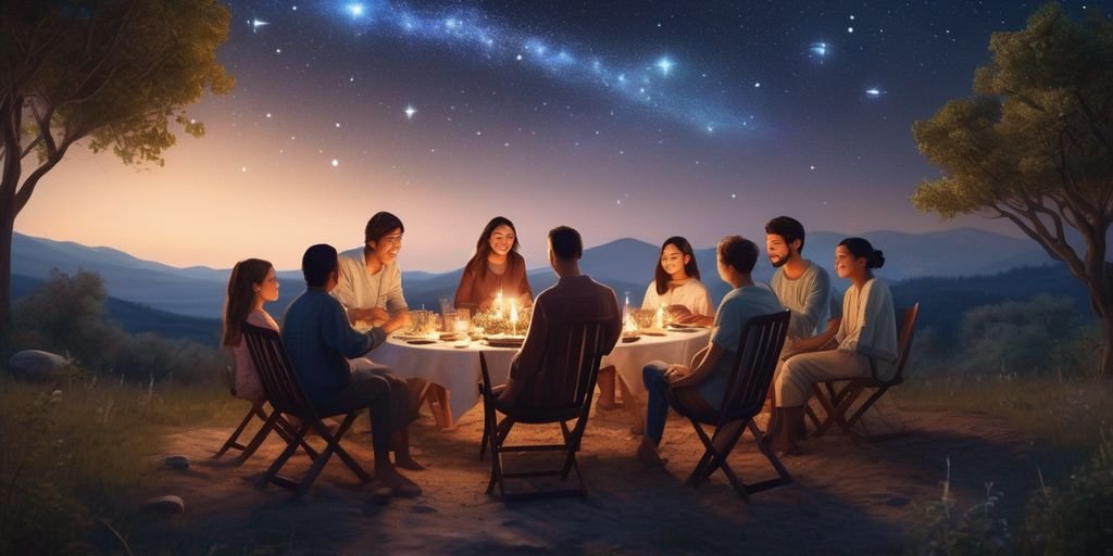 family gathering under starry night sky with Libra zodiac constellation