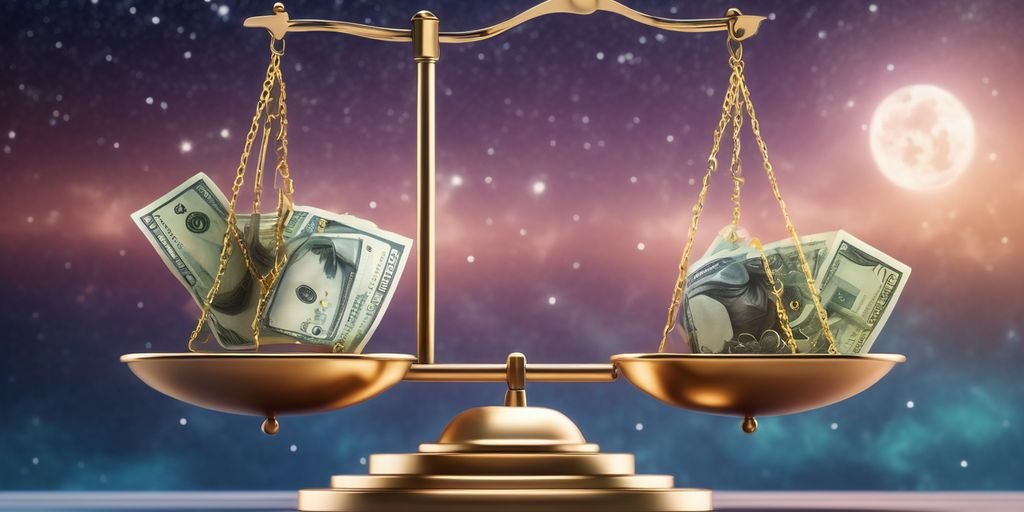 balance scale with money and career symbols on a starry background