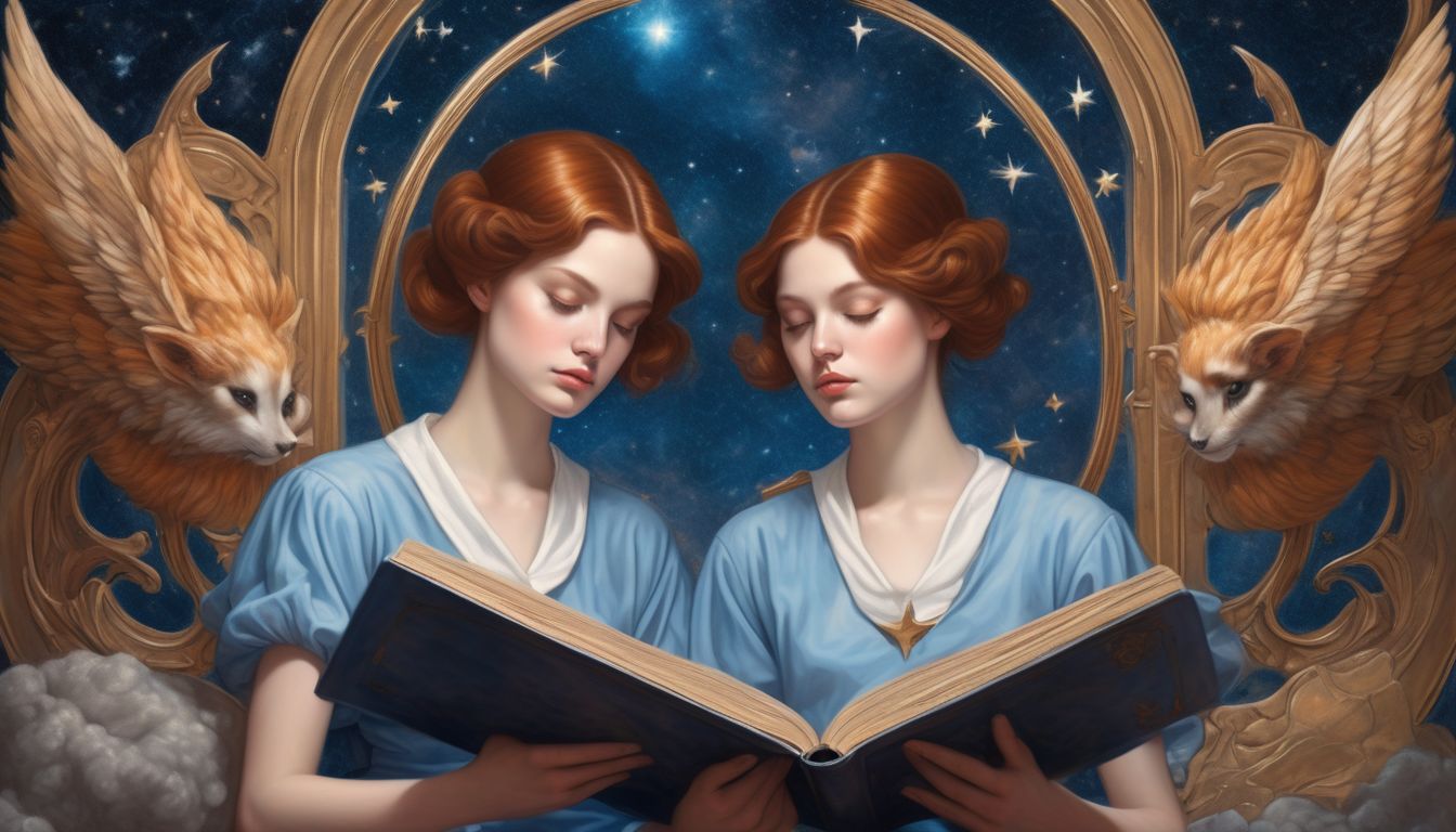 illustration of Gemini twins reading and painting in a celestial themed background